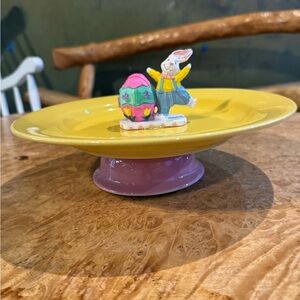 Whimsical Yellow and Pink Plate with Bunny Figurine